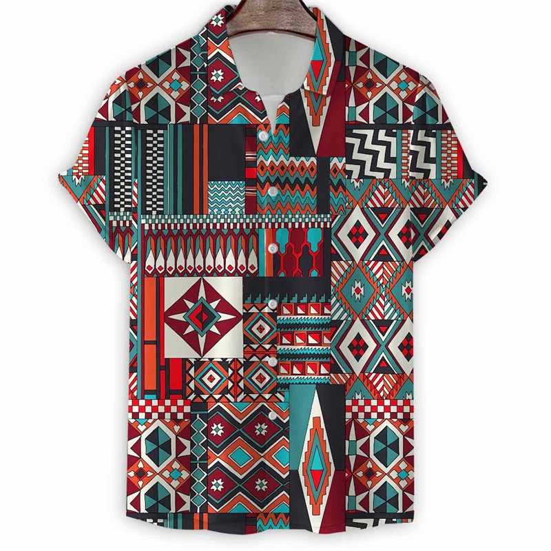 Vintage Geometric 3d พิมพ์เสื้อผู้ชาย Art Graphic เสื้อแขนสั้นปุ่มเสื้อฮาวายฤดูร้อนสบายๆเสื้อปกหลวม