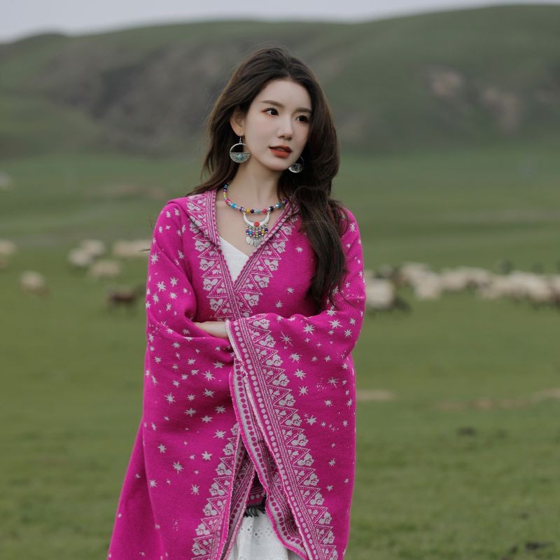 สไตล์ชาติพันธุ์ชิงไห่ทิเบต Kayan Lake Travel Photo ผ้าคลุมไหล่ผ้าพันคอหญิง Dual-ใช้ห้องปรับอากาศเสื้อคลุมเสื้อคลุม