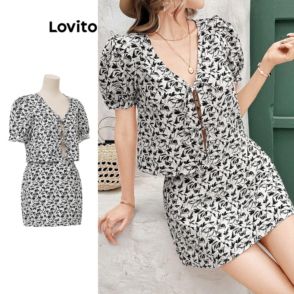 Lovito โบโฮ ดิทซี่ ดอกไม้ ผูกเชือก ผูก ชุดกระโปรงพัฟหน้าสำหรับผู้หญิง L99ED999