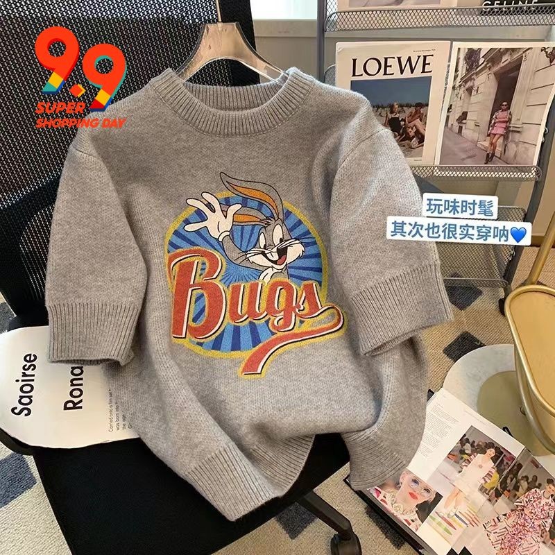 ETAM สีเทา เสื้อกันหนาวลายดอกสําหรับสาวหลวมๆ 2023 คอลเล็คชั่นใหม่สําหรับหน้าร้อน ผ้าถักผ้าลายพิมพ์ลา