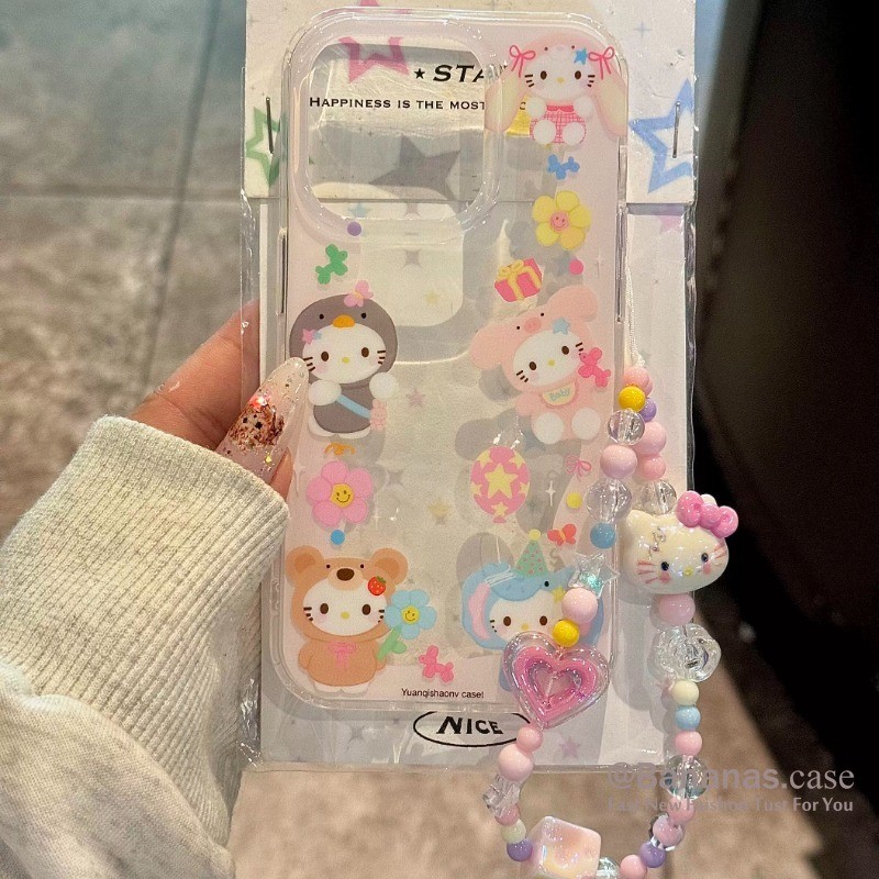 Iphone 16 15 14 13 12 11 Pro Max X Xr Xs Max 7 8 Plus SE2020 เคสโทรศัพท์คริสตัลสีชมพูการ์ตูน Hello KT Cat + Lanyard Clear Soft Cover