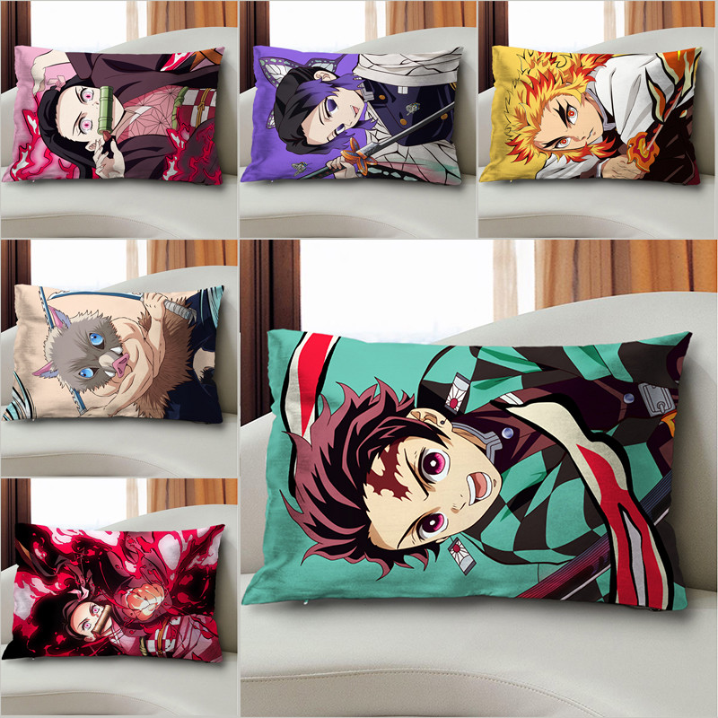 Demon Slayer ปลอกหมอนสี่เหลี่ยมพิมพ์ลายด้านเดียวปลอกหมอนอิงตกแต่งบ้าน (ไร้แกน)