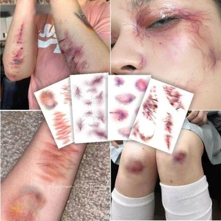 สติ๊กเกอร์รอยสักชั่วคราว ฮาโลวีน Bruise Tattoo สติกเกอร์รอยแผลเป็นสติกเกอร์เหมือนจริง 3D Powder Blusher แต่งหน้าสําหรับผู้ชายและผู้หญิง Scratch แต่งหน้า Masklong-lasting Last 15 วัน