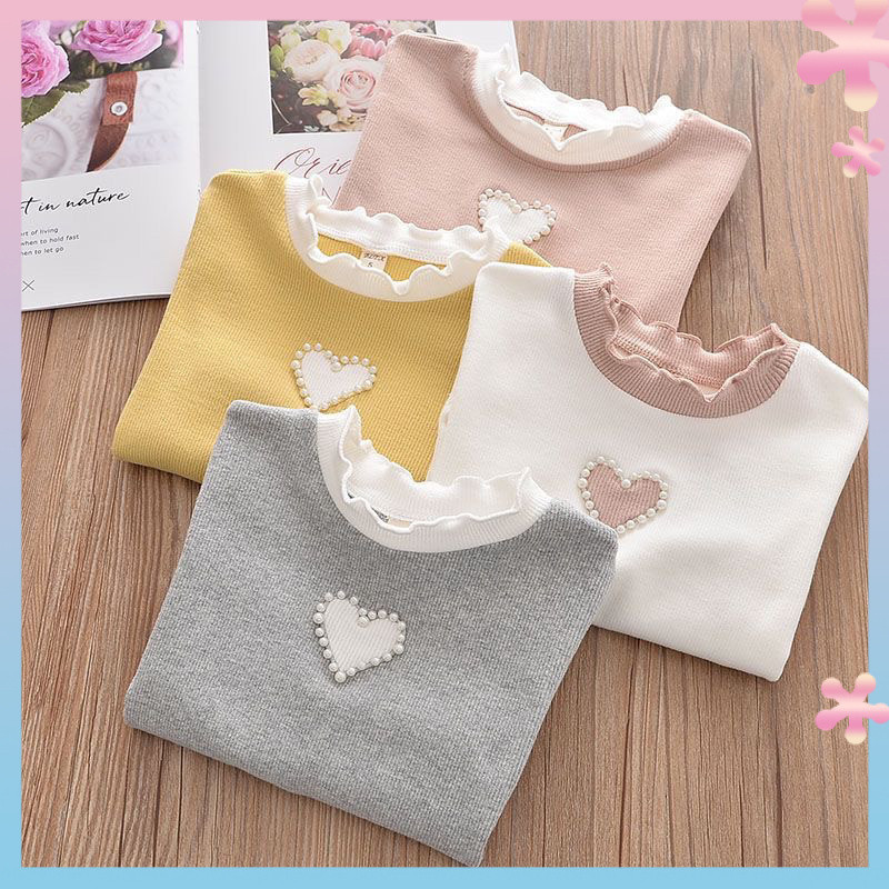 Girls' Spring and Autumn Bottoming Shirt Children's White Lace Collar Stretch FashionTT-shirt Outerwear Top Girl's Love Long Sleeve