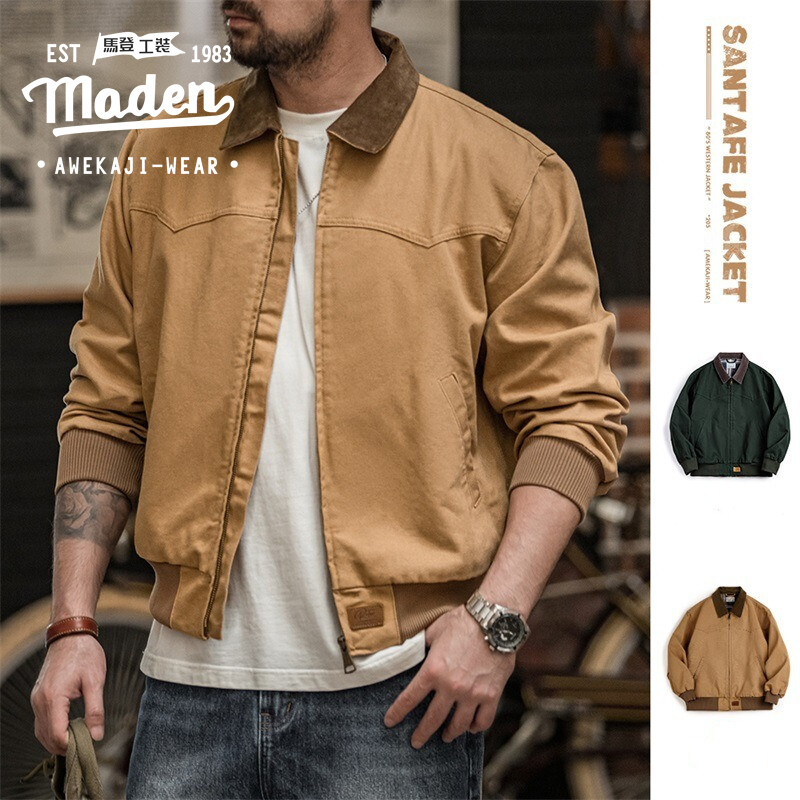 MADEN ยี่ห้อ workwear สไตล์ชายหนุ่ม 2025 ฤดูหนาวใหม่รายการ tough guy อเมริกันย้อนยุค heavyweight Santa Fe ผ้าใบแจ็คเก็ตล้างผ้าฝ้ายแท้ปกแจ็คเก็ตสั้น