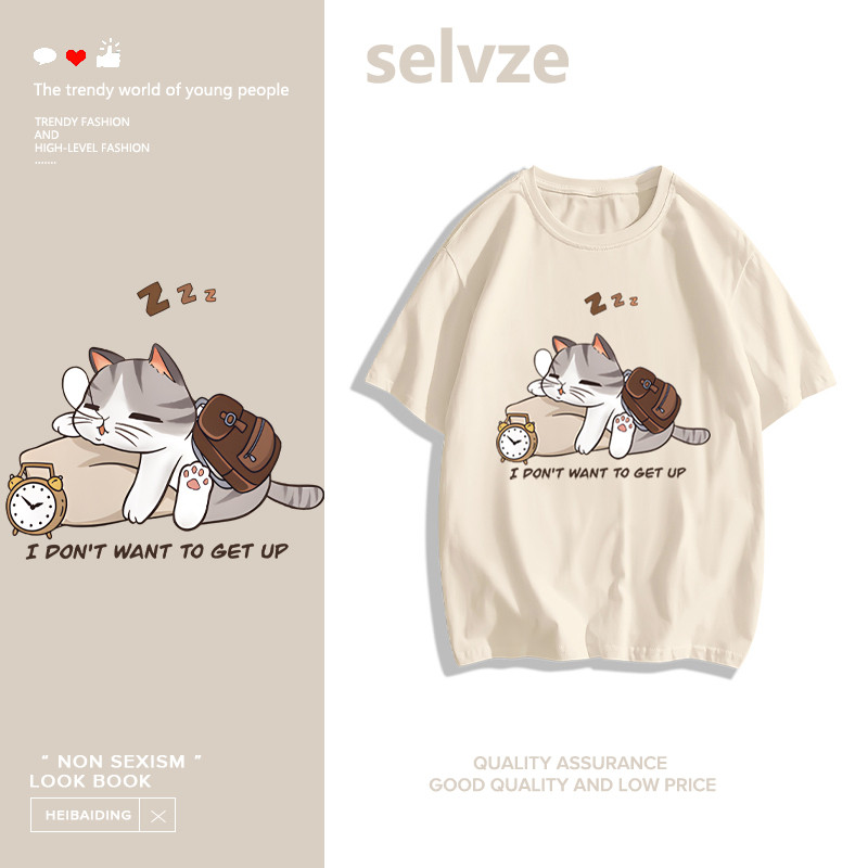 SELVZE（จัดส่งตลอด 24 ชั่วโมง） Printed T-shirt，ลูกแมวน่ารักนอนหลับพิมพ์เสื้อยืดแขนสั้นหลวม B000264