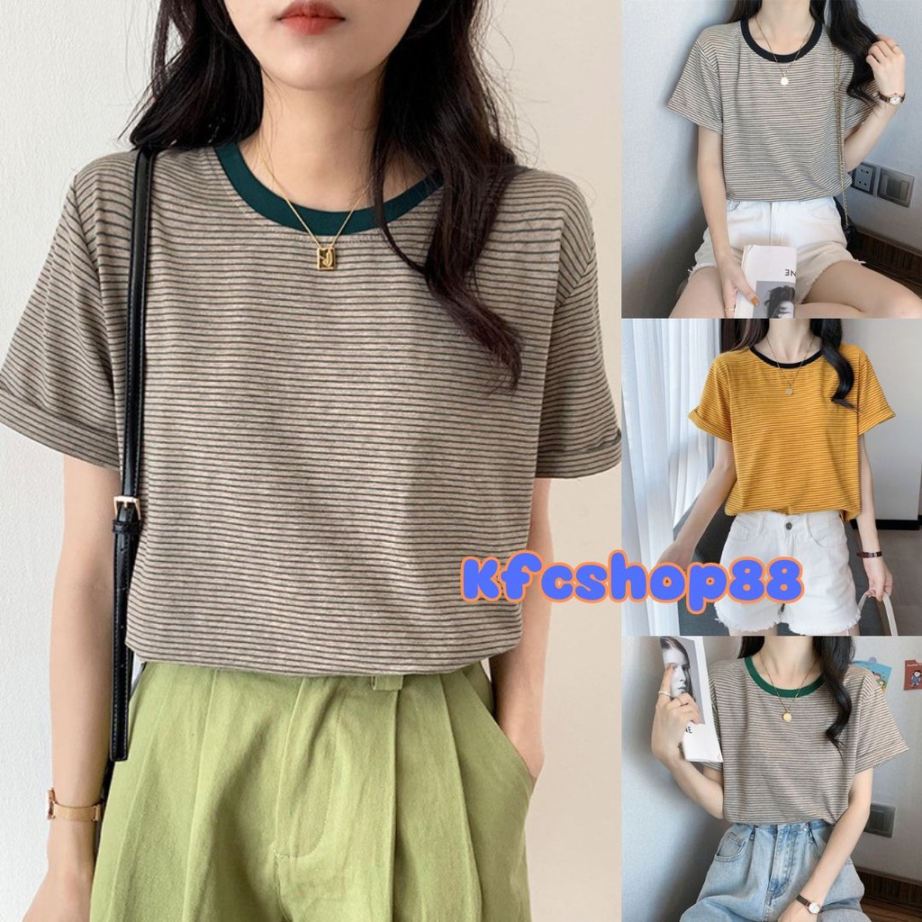 🔷พร้อมส่ง🔷เสื้อยืดลายทาง คอกลม ใส่สบาย แฟชั่นฤดูร้อน #9305