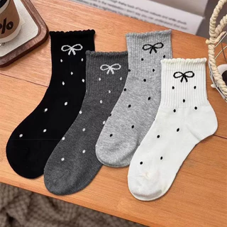 Polka Dot Bow ถุงเท้าผู้หญิงฤดูใบไม้ร่วงฤดูหนาวสไตล์ใหม่ญี่ปุ่น Influencer Sweat-