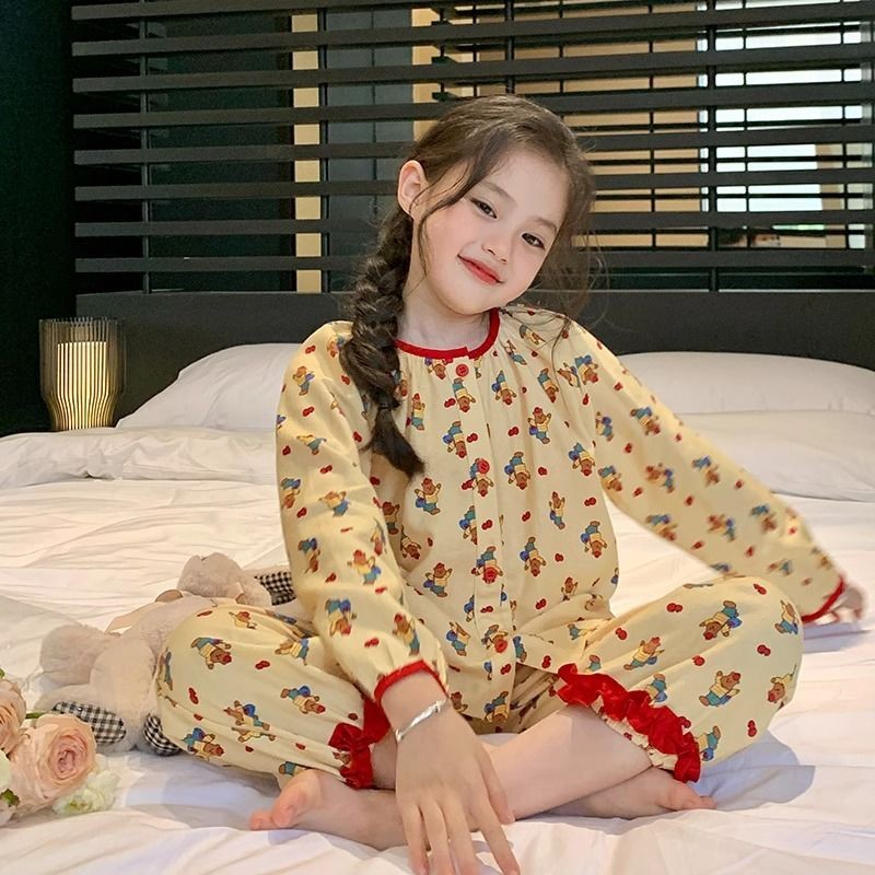 สาวแขนยาวชุดนอนชุดฤดูใบไม้ผลิฤดูใบไม้ร่วงแฟชั่นสไตล์ใหม่เวอร์ชั่นเกาหลีผ้าฝ้ายแท้นุ่มสบายระบายอากาศน่ารักการ์ตูนพิมพ์ ชุดลําลอง สอง @