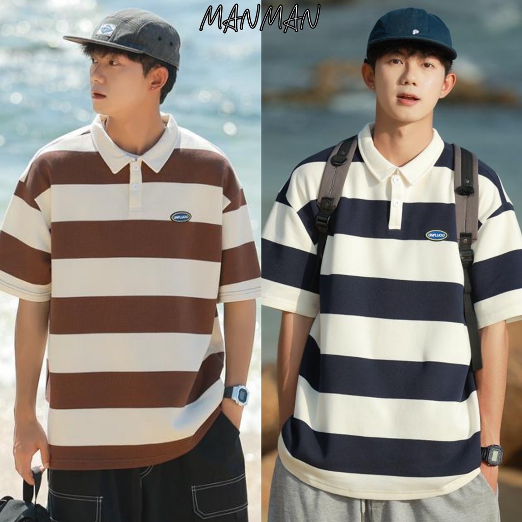 MANMAN เสื้อโปโลผู้ชาย แบบหลวม แขนสั้นลายทาง เสื้อคอปก ชุดคู่รัก แมทช์ลุคง่าย แบบบาง