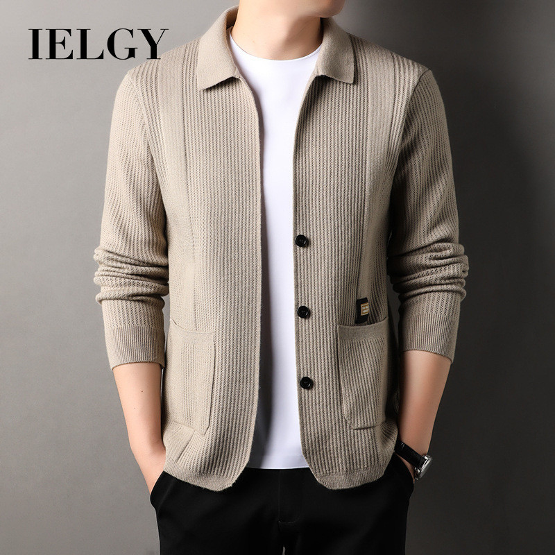IELGY เสื้อไหมพรม เสื้อสเวตเตอร์ถักผู้ชายฤดูใบไม้ผลิและฤดูใบไม้ร่วงลําลองด้านบนแจ็คเก็ตสีทึบ