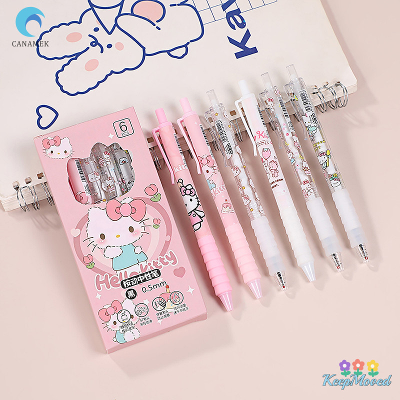 Keepmoved 6 ชิ้นการ์ตูน Sanrio ปากกาเจล Kawaii Hello Kitty Wrig Smooth 0.5 มม.สีดําปากกา Creative Pressing Neutral ปากกาอุปกรณ์การเรียนใหม่