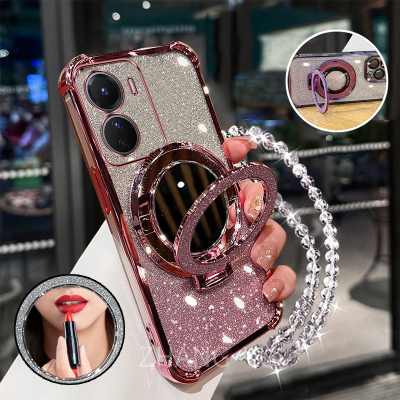 กันกระแทก case สําหรับ Vivo Y16 Y56 เคสโทรศัพท์ 3D ที่วางกระจกแต่งหน้าสร้อยข้อมือใหม่ softcase