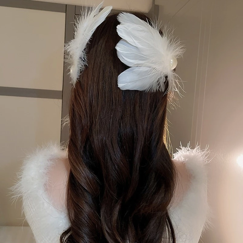 DREJEW 1 ชิ้นกิ๊บมุกขนนกอารมณ์ซอกอารมณ์อเนกประสงค์ BB คลิปฝรั่งเศสหรูหราและเครื่องประดับผมระดับไฮเอนด์สําหรับผู้หญิง