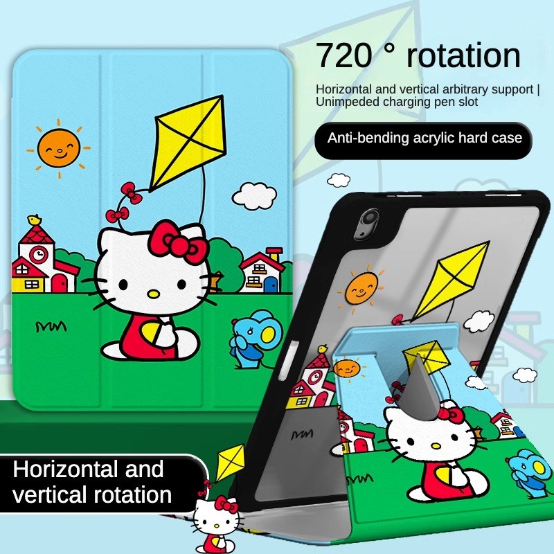 720° เคส iPad หมุนได้พร้อมช่องเสียบปากกา Flying Kites Hellokitty อะคริลิค Backboard Pro11 Gen10 Gen9 Gen8 Gen7 10.2 นิ้ว Gen6 Gen5 Air6 Air5 Air4 Air3 Air2 ฝาครอบ iPad หมุนได้