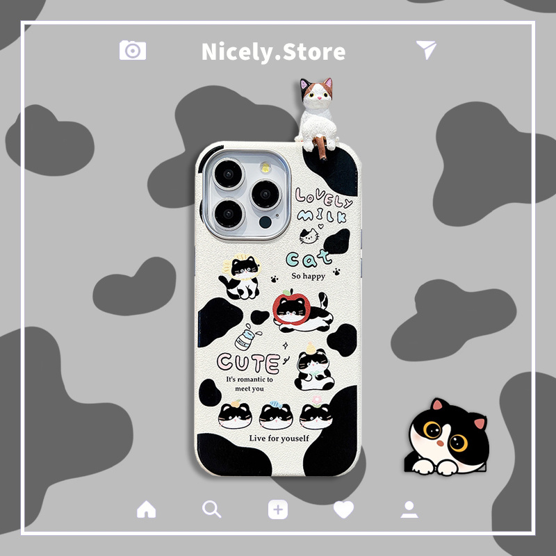 3ง สีดําสีขาวนมแมวเคสโทรศัพท์เข้ากันได้สําหรับ ไอโฟน 16 15 14 13 มือโปร สูงสุด 15มือโปร 14โปรแม็กซ์ โลหะหนังช็อกทนปกหลังเปลือก