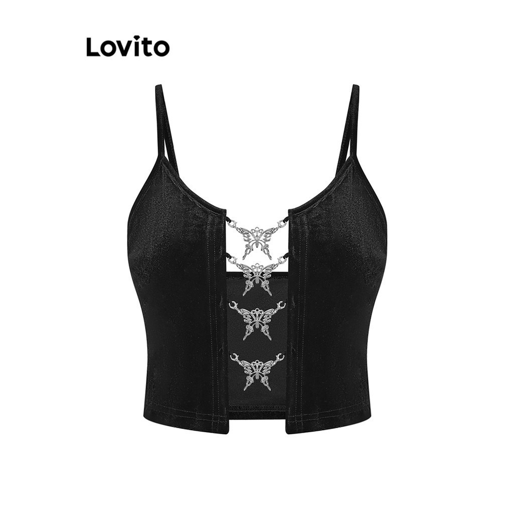 Lovito เสื้อสายเดี่ยวผู้หญิง ลายผีเสื้อ สีพื้น สไตล์เซ็กซี่ L93AD044