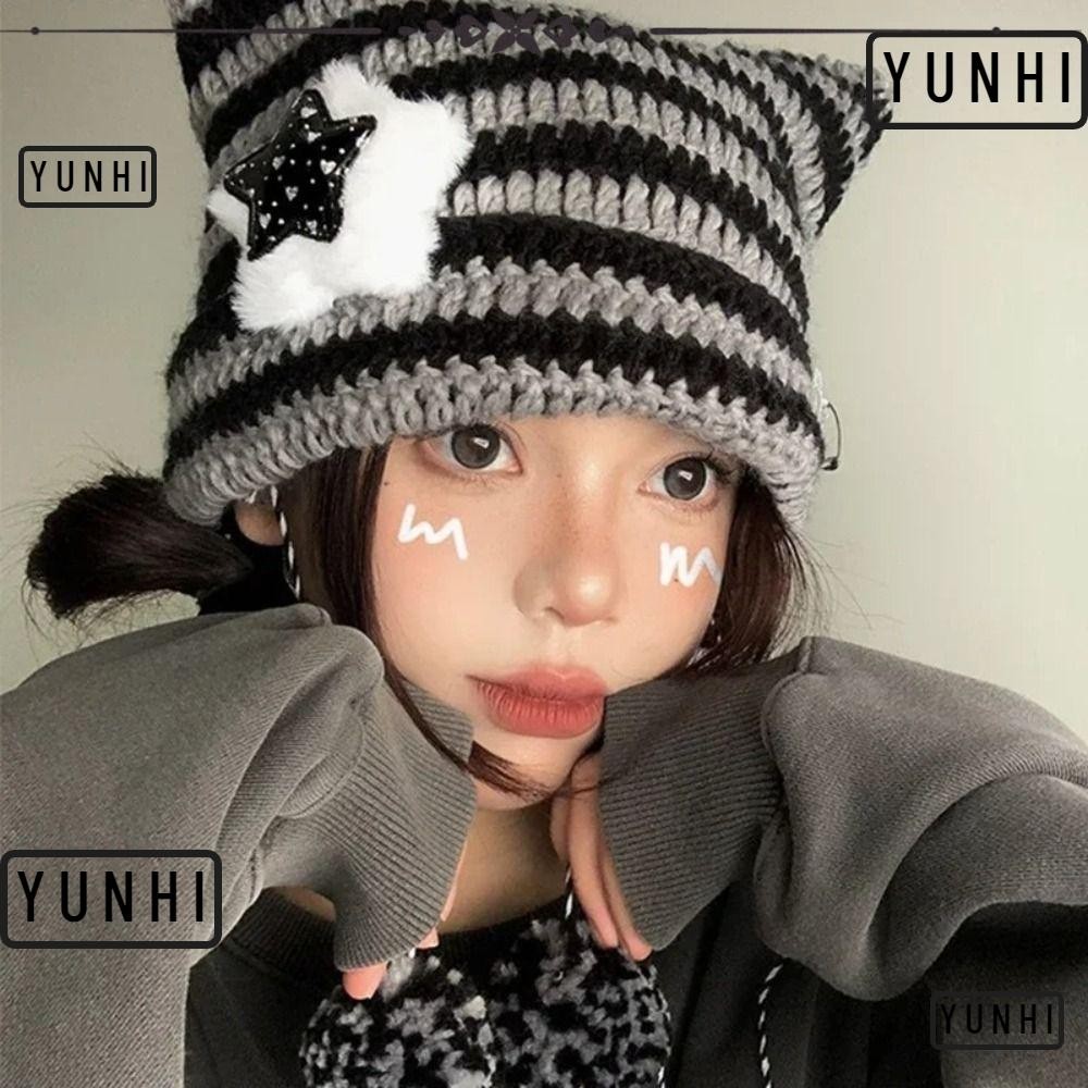 Yunhi Y2K Beanie Hat, Y2K Cute Striped Star Devil Hat, Womens Hat Devil Ear Cat Autumn Winter