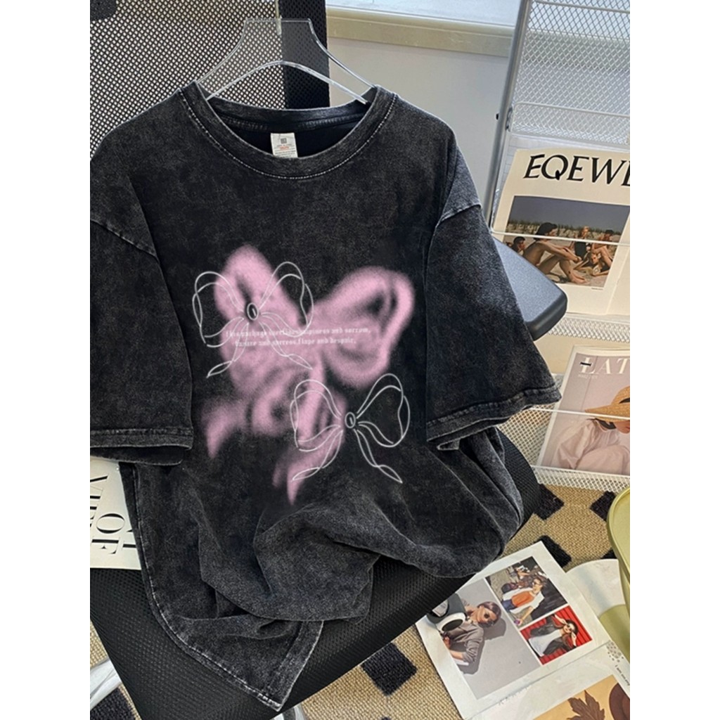 CC chao（ จัดส่งตลอด 24 ชั่วโมง ）นักร้องยุค 90ล้างเสื้อยืด Harajuku ผู้ชายวินเทจทำเก่าแขนสั้นบวกขนาดเทรนด์ผ้าฝ้าย