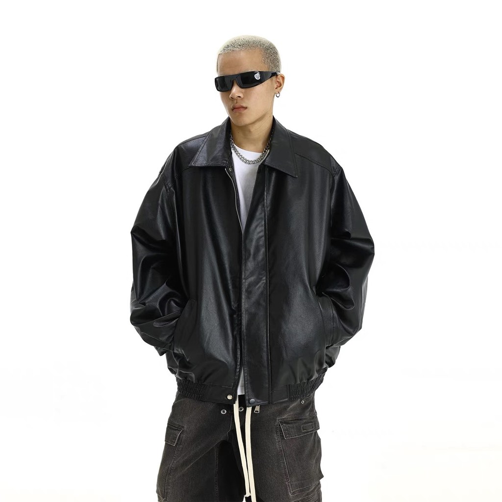 EERSHENSHI เสื้อแจ็คเก็ตหนังผู้ชาย สตรีทสไตล์อเมริกันย้อนยุคที่เข้าคู่ง่ายสบาย ๆ เสื้อแจ็คเก็ตเกาหลี