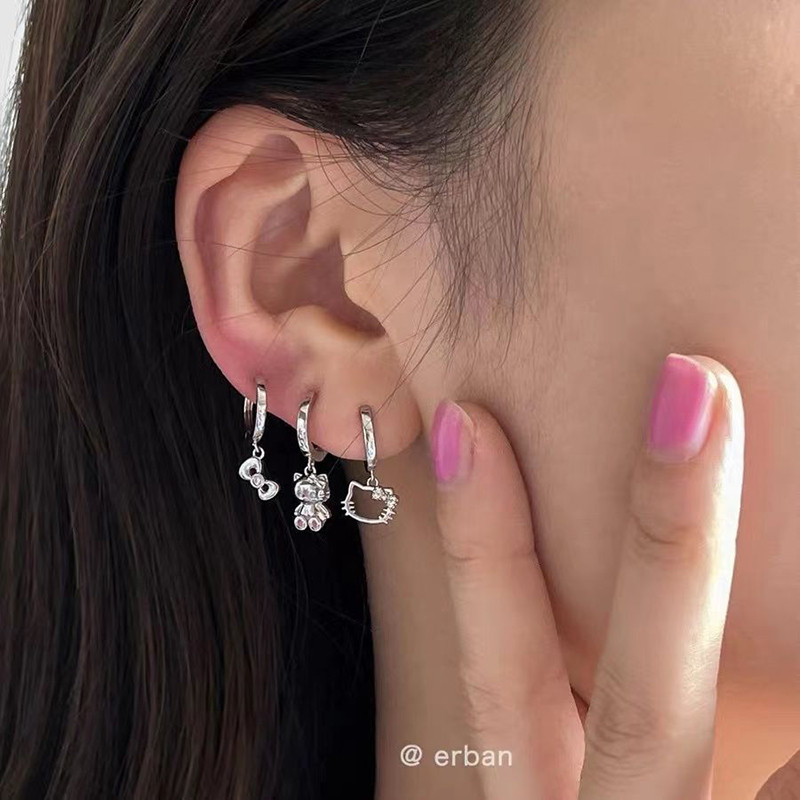 2 ชิ้น/เซ็ตแฟชั่น Rhinestone Alloy Bowknot Cat ต่างหูสําหรับผู้หญิง