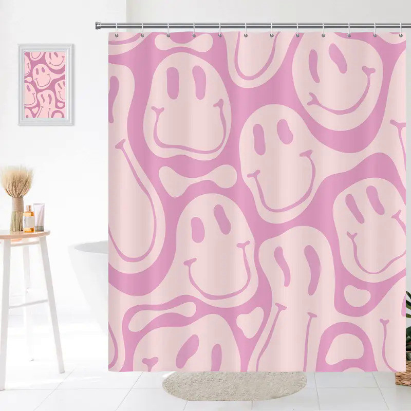 Retro Shower Curtain, 60s 70s Vintage Waterproof Polyester Fabric Bath Curtain Sets, Smile Face Pink
