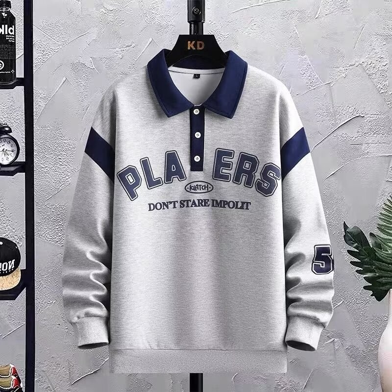 Youth Preppy Style เสื้อโปโลแขนยาวอินเทรนด์ชายเสื้อสเวตเตอร์ลําลองปกด้านบน