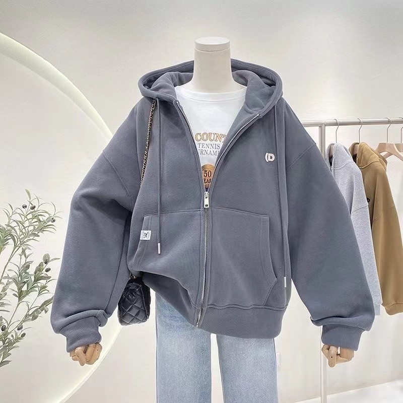 เสื้อสเวตเตอร์มีฮู้ดเพิ่มกำมะหยี่หนาพิเศษสำหรับผู้หญิงเสื้อคาร์ดิแกนมีซิป OVERSIZE แบบลำลองแบบเรียบง่ายแมทช์ลุคง่ายสำหรับฤดูใบไม้ร่วงและฤดูหนาว