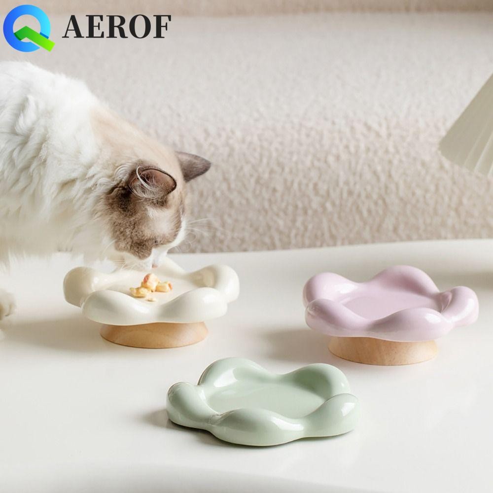 Aerof ชามเซรามิกแมว, ชามอาหารแมวป้องกันคอกันลื่น, รูปทรงดอกไม้สร้างสรรค์พร้อมฐานถาดใส่ขนมสําหรับสัตว์เลี้ยงในร่ม