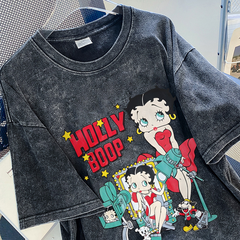 TIHIK เสื้อยืดฟอก oversize ลายการ์ตูน ผ้าฟอกวินเทจ เสื้อยืดแขนสั้นลายการ์ตูน I000306