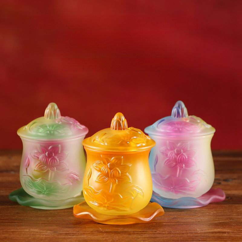 🍀 Glass relief lotus flower for Buddha, holy water for household use, Bodhisattva Buddha front ornam