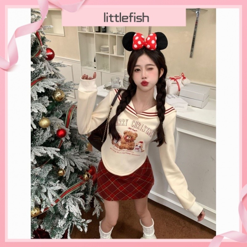 [Littlefish] คริสต์มาสฤดูใบไม้ร่วงและฤดูหนาวหมีหวานพิมพ์กองทัพเรือแขนยาวบวกเสื้อสเวตเตอร์กำมะหยี่เสื้อกระโปรงสองชิ้นไซส์ใหญ่