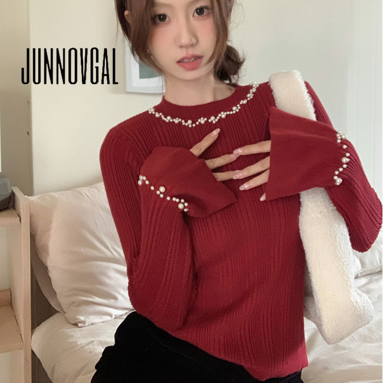 Junnovgal ผู้หญิงเสื้อกันหนาวแขนยาวถักสีทึบ 2024 สไตล์ใหม่