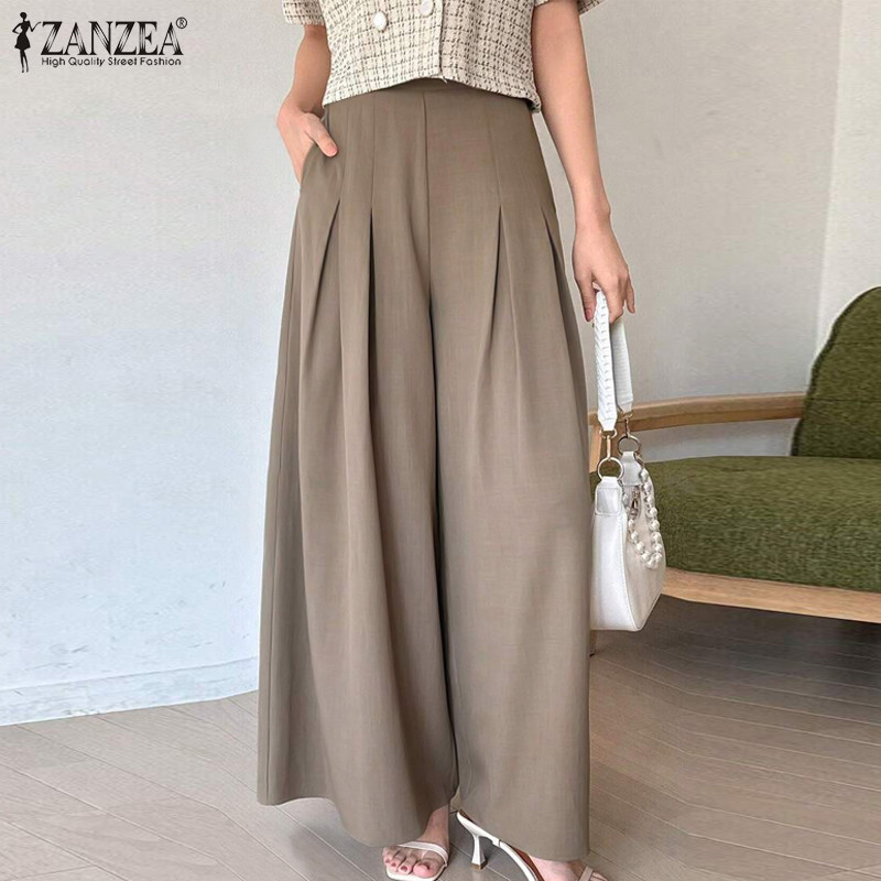ZANZEA ใส่ ซานเซีย ผู้หญิงเกาหลีสบายๆเอวสูงหลวมกางเกงขากว้างสีธรรมดา — صورة 5
