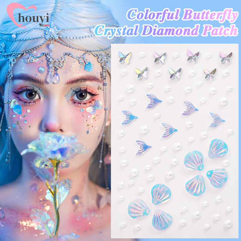 1/2 แผ่น 3D สีสันผีเสื้อคริสตัลเพชรสติกเกอร์ - Self-Adhesive ชั่วคราว Tattoo - แต่งหน้า Art Party ตกแต่ง - Face Shell Mermaid Patch - DIY Eyes Body Rhinestones