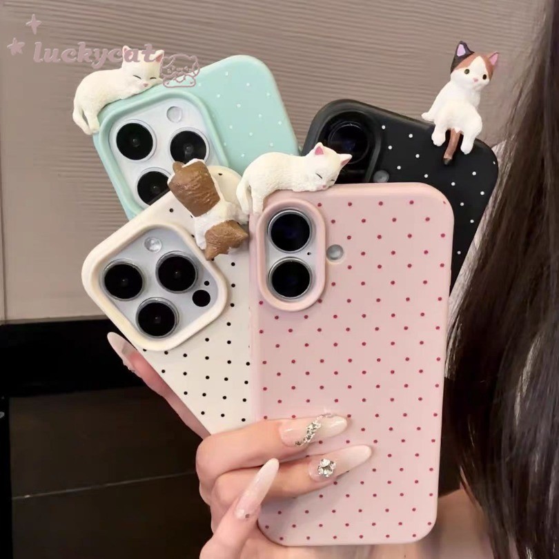Iphone 16 15 14 13 12 11 Pro Max X Xr Xs Max เคสโทรศัพท์การ์ตูน 3D DIY Cat Fresh Simple Dot คู่หนังนุ่มปกหลัง