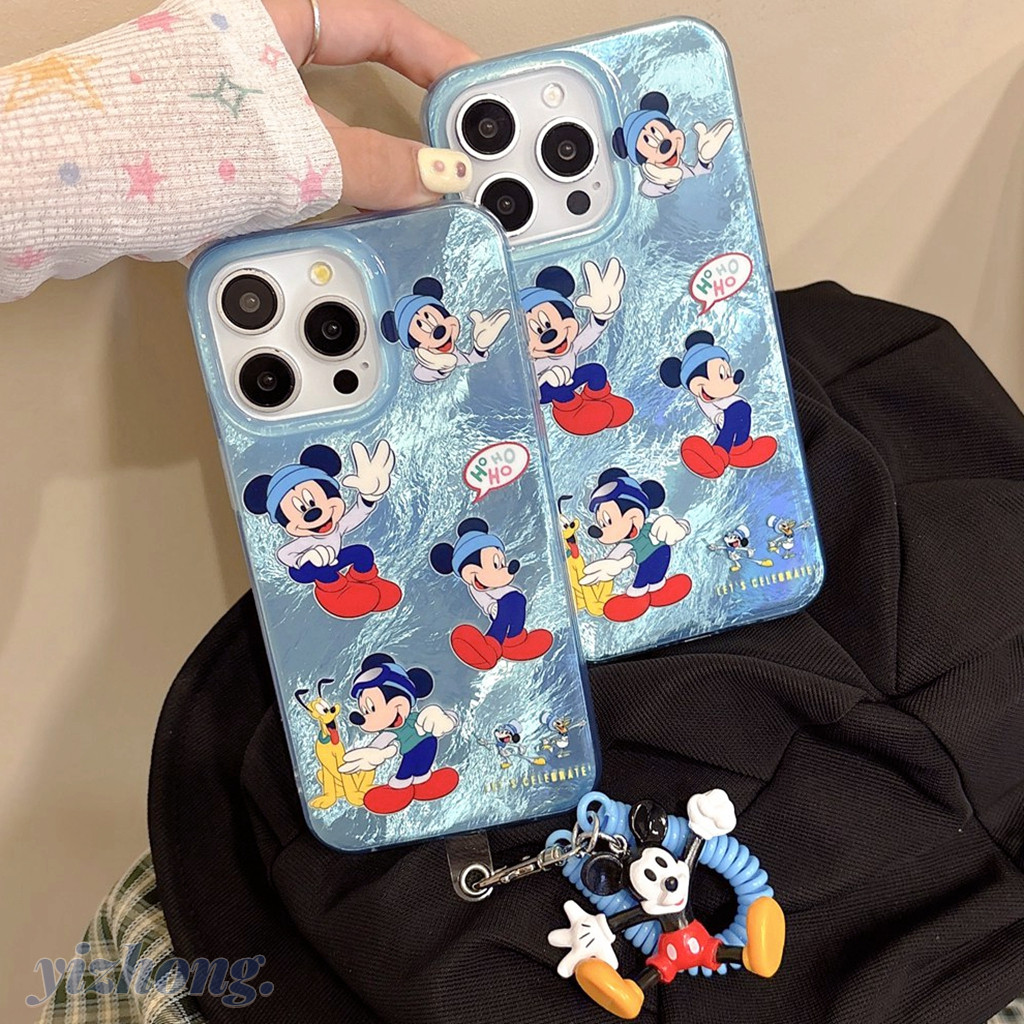 สําหรับ iPhone 15 Pro Max 14 13 12 Mickey Mouse รูปแบบการ์ตูนสีฟ้า IMD Craft Soft TPU เคสโทรศัพท์กันกระแทกพร้อม Anti-lost สายคล้องของเล่น Anti-scratch Dirt ทนฝาครอบป้องกัน