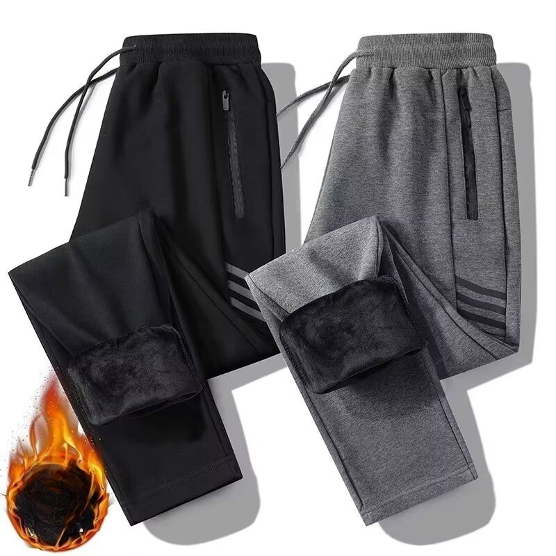 ฤดูใบไม้ร่วงฤดูหนาวเอวยางยืด Thicken Warm Sweatpants กระเป๋าซิปตรง Jogger กางเกงความร้อนสบายๆสีดํา/สีขาว/สีเทา Plus ขนาด