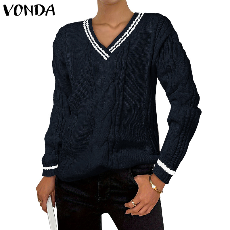 Vonda เสื้อสเวตเตอร์สวมหัวแขนยาวคอวีสีตัดกันแบบลําลองสําหรับผู้หญิง