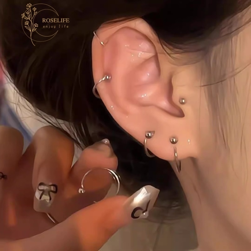 Roselife 1 คู่ Minimalism S925 เงิน Mini Balls Hoop ต่างหูสําหรับผู้หญิงหญิงทุกวันสวมใส่กระดูกอ่อน Pierced หูเครื่องประดับอุปกรณ์เสริม