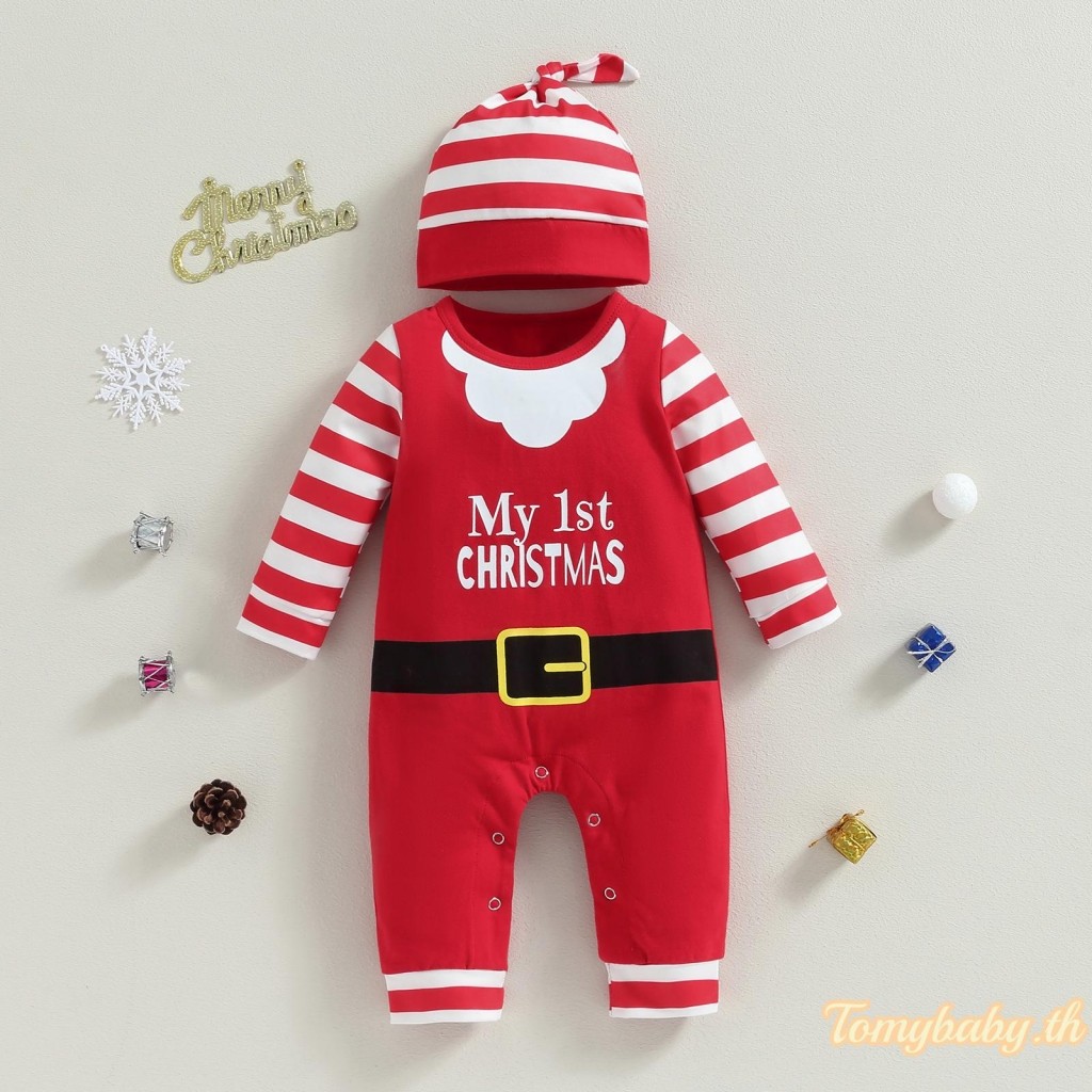 Tomybaby-ชุดซานต้าคริสต์มาสสําหรับเด็กลายทางและชุดรอมเปอร์คอกลมแขนยาวพิมพ์ลายตัวอักษร + หมวก