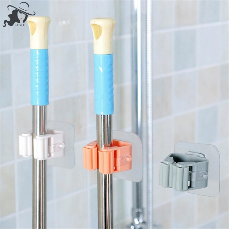 Lishu ติดผนัง Mop Holder แปรงไม้กวาดแขวนร่มคลิปชั้นเก็บของในห้องน้ํา th