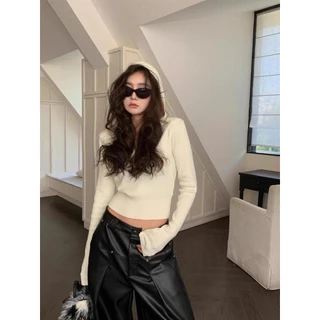 Gakki เสื้อเชิ้ตมีฮู้แขนยาวเสื้อสเวตเตอร์กันหนาวผู้หญิง เสื้อตัวสั้นทรงเพรียวผ้านิ่มใส่สบาย ฟรีไซส์ พร้อมส่ง 29086#