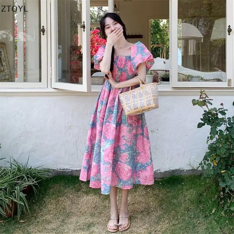 Ztoyl ชุดเดรสลายดอกไม้ฤดูร้อนหรูหราคอเหลี่ยมแขนพัฟจีบชุดสตรี Zxh