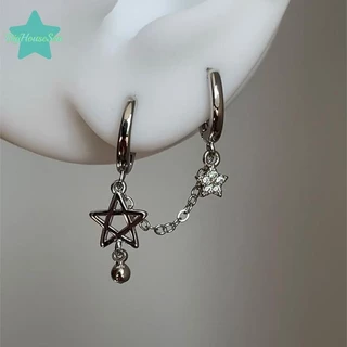 [BigHouseSea] 1pcs เงินสี Star Chain Double Ear Hole หูกระดูกเล็บ Y2K แฟชั่น Hottie ต่างหูผู้หญิงเครื่องประดับใหม่