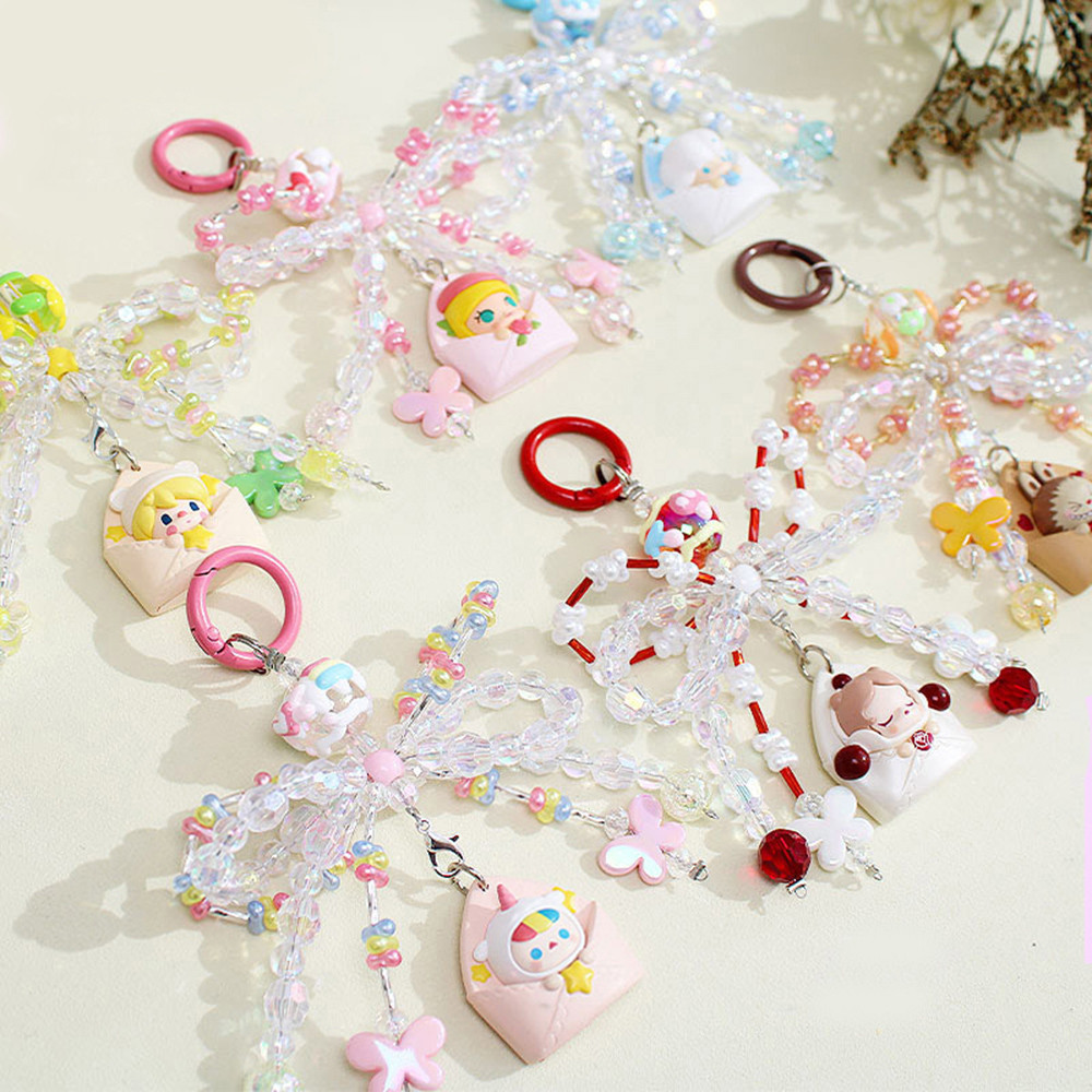 Pop MART พวงกุญแจ DIY จี้ห้อยกระเป๋ามือถือตุ๊กตา Revamp พวงกุญแจอุปกรณ์เสริมน่ารักลูกปัด Bowknot พวงกุญแจ