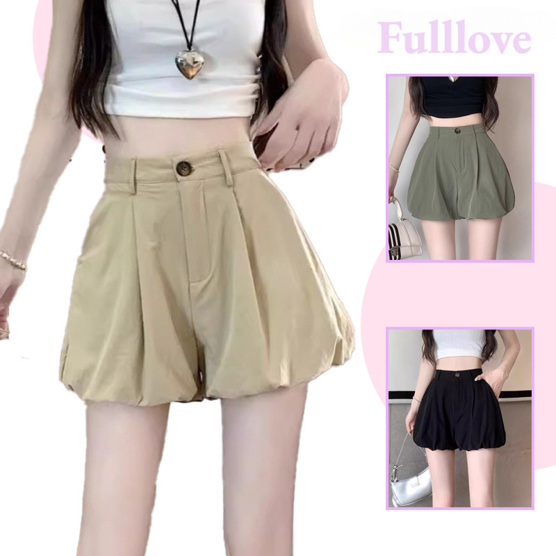 พร้อมส่ง  Fulllove กางเกงขาสั้นเอวสูงบางรูปแบบใหม่กระดุมสไตล์ดอกตูมกางเกงขาสั้นลําลองผู้หญิงสีดํา