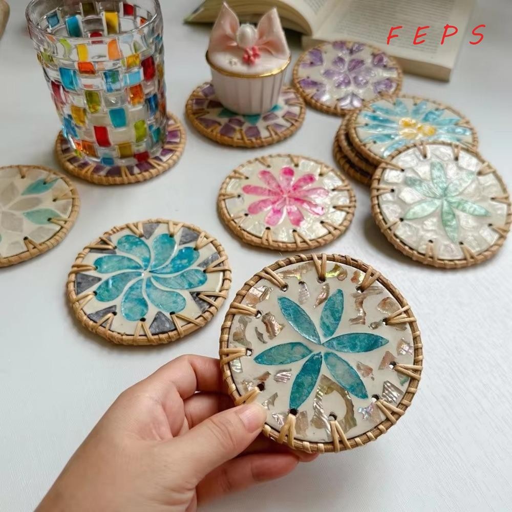 FEPS หวาย Coaster, 10 ซม.ที่มีสีสัน Shell ถ้วย, ทนความร้อน Handmade รอบแก้ว Placemat สําหรับชากาแฟเครื่องดื่มร้อน