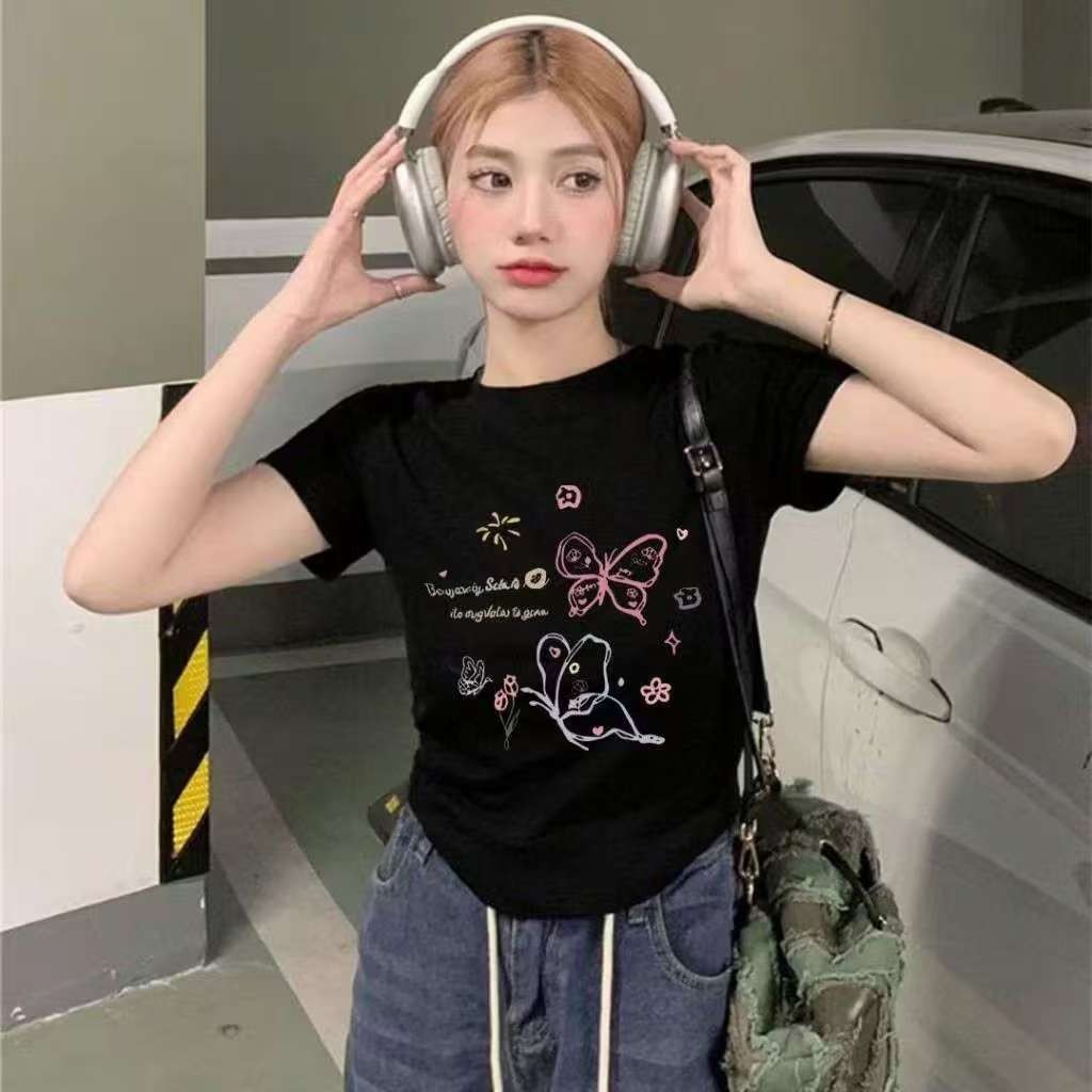 G01-06 เสื้อยืดสีดำ แขนสั้นพิมพ์ลายผีเสื้อ สุดน่ารัก แนวเกาหลี หลายไซส์ ผ้านิ่มสวมใส่สบาย ใส่ได้ทุกโอกาส ราคาถูก