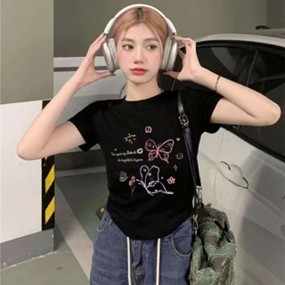 G01-06 เสื้อยืดสีดำ แขนสั้นพิมพ์ลายผีเสื้อ สุดน่ารัก แนวเกาห…